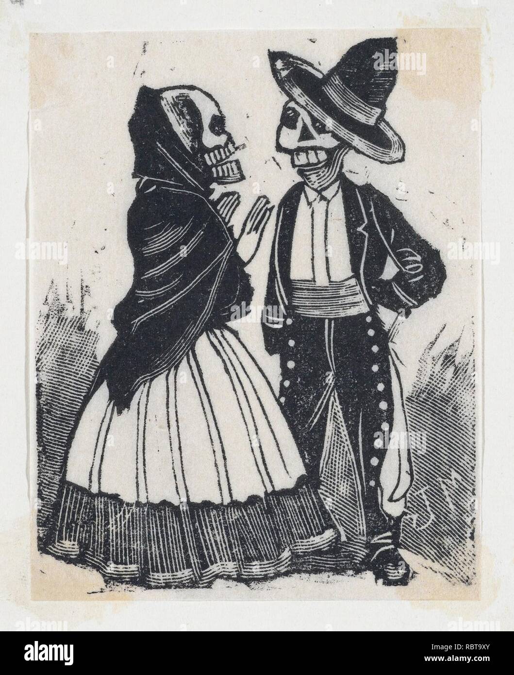 Un homme et une femme parlent de squelette (vignette pour la fête des morts) Banque D'Images