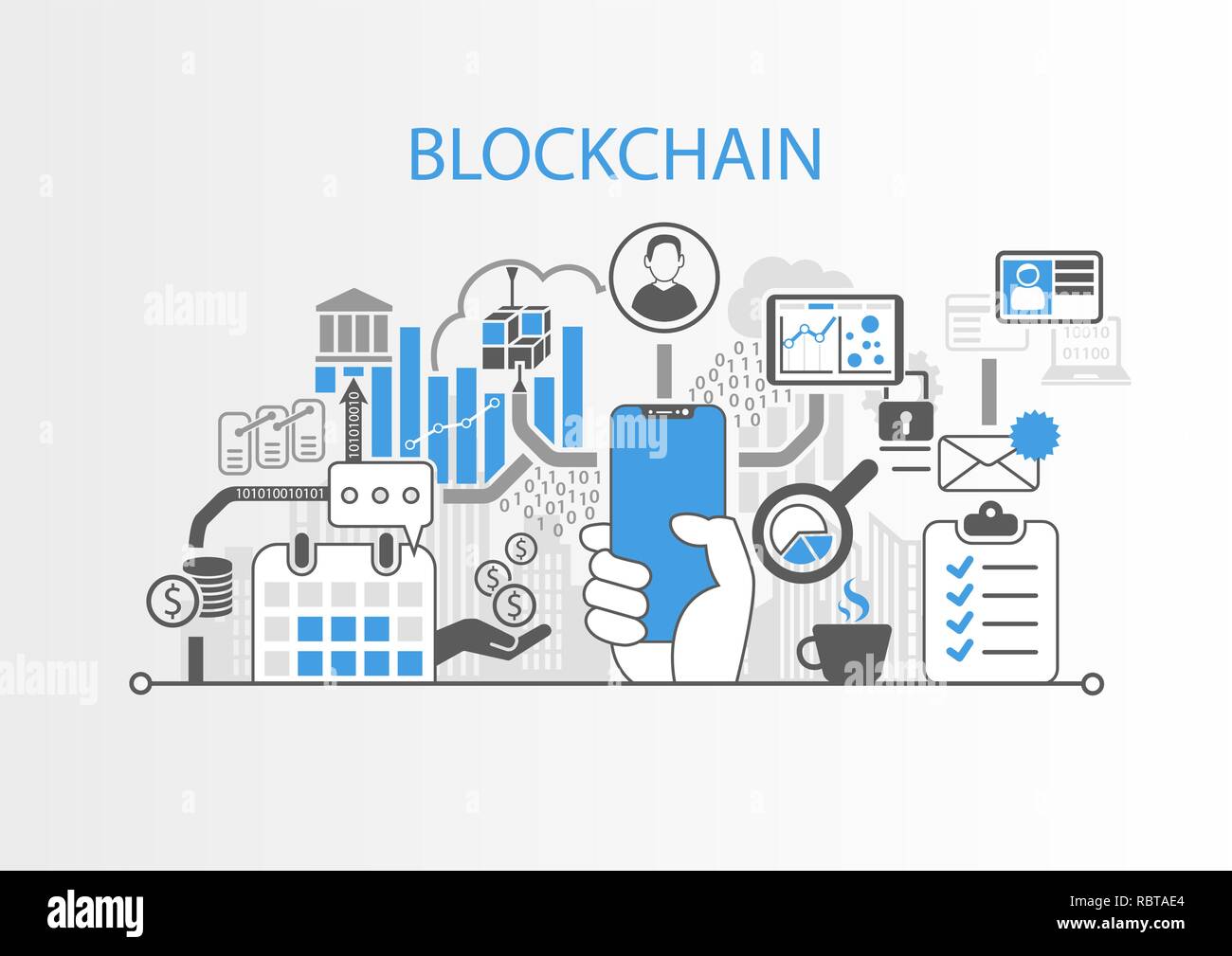 Blockchain concept with hand holding cadre moderne smart phone gratuit Illustration de Vecteur