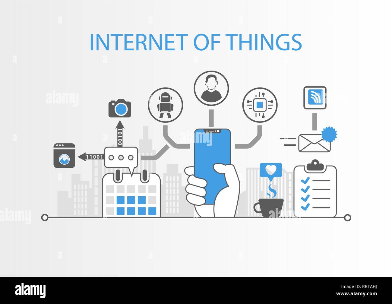 Internet des objets concept with hand holding cadre moderne smart phone gratuit Illustration de Vecteur