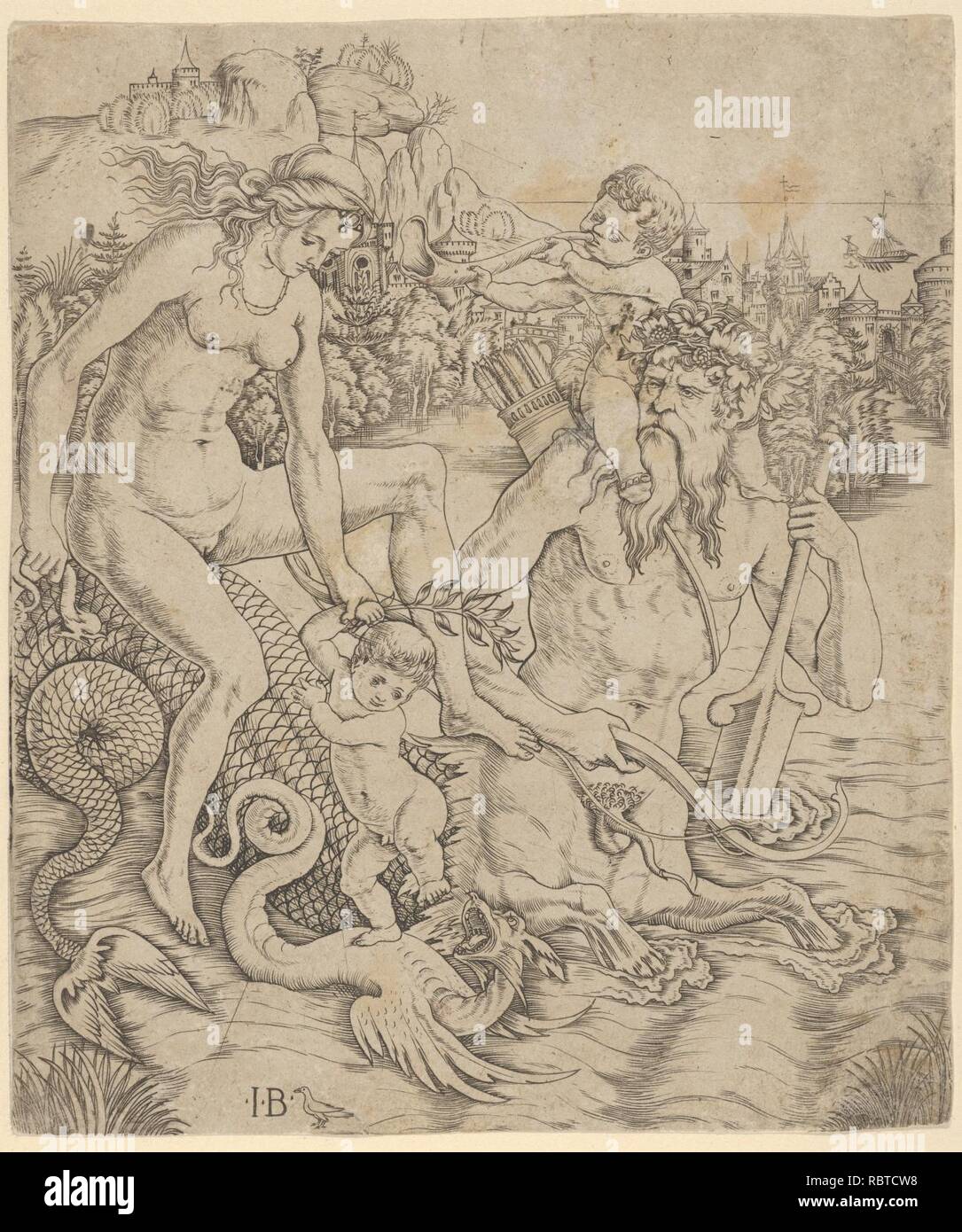 Une famille triton dans la mer, avec une mère et enfant assis sur le dos d'un mi-homme mi-monstre de mer avec un enfant en soufflant sur une conque sur ses épaules Banque D'Images