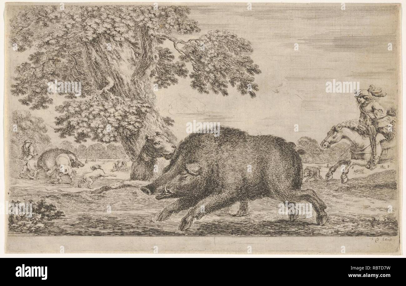 Un sanglier courir vers la gauche, un chien qui se mord la derrière l'oreille à gauche, d'autres chiens et des cavaliers à l'arrière-plan, à partir de 'Chasse' de différents animaux (chasses à différents animaux) Banque D'Images