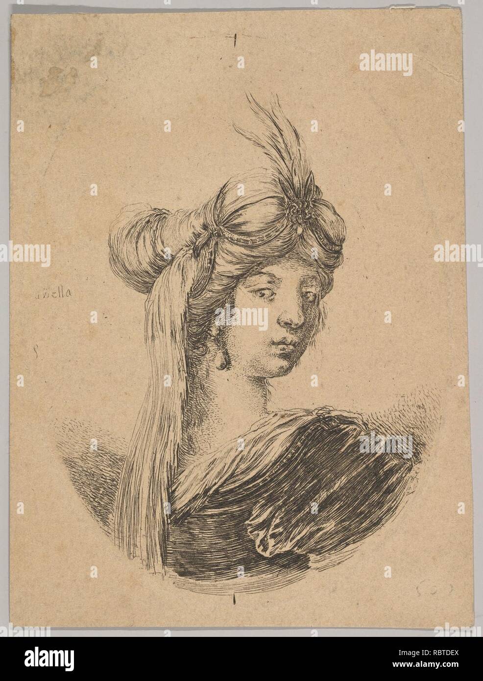 Une femme portant un turban orné d'un voile, vu de derrière et se tourna de trois quarts vers la droite, un ovale de composition, à partir de "plusieurs têtes dans le style persan' (plusieurs têtes coiffées à la persienne) Banque D'Images