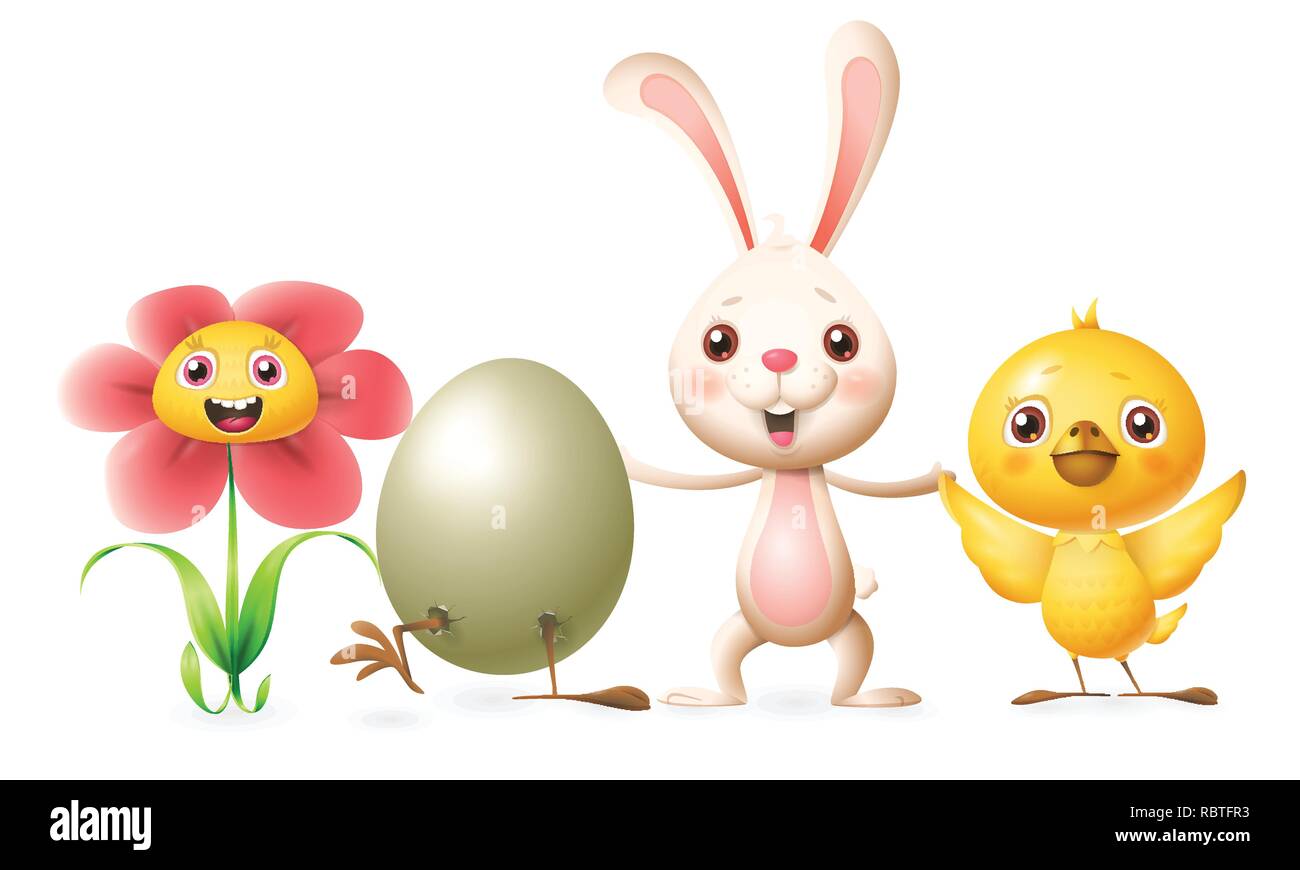 Happy friends célébrer le printemps ou Pâques - oeufs éclos, fleur, lapin et poulet - caractères d'illustration vectorielle Illustration de Vecteur