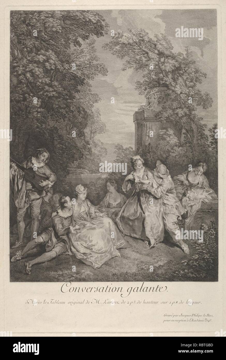 Gallant 'conversation' (Conversation galante)- des couples engager la conversation dans un jardin, à gauche un musicien joue pour le groupe, à droite une femme tient un chien couché Banque D'Images