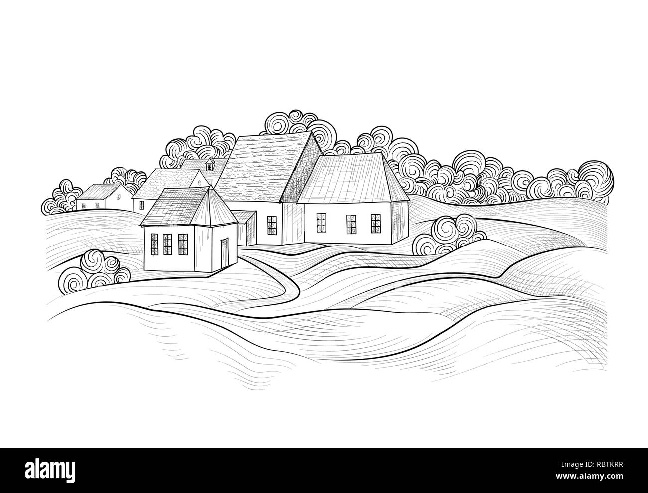 Croquis du paysage rural de collines, de champs et de maison. Coundtry avec toits de maisons et bâtiments de ferme Illustration de Vecteur