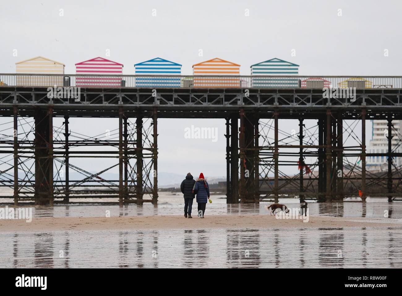 Hastings, East Sussex, UK. 12 Jan, 2019. Météo France : l'hiver avec une légère brise dans l'air qui devrait durer tout au long de la journée comme un peu de personnes prennent une promenade matinale autour du bord de mer, la marée est out. Hastings pier sur un hivers froid matin. © Paul Lawrenson, 2018 Crédit photo : Paul Lawrenson / Alamy Live News Banque D'Images