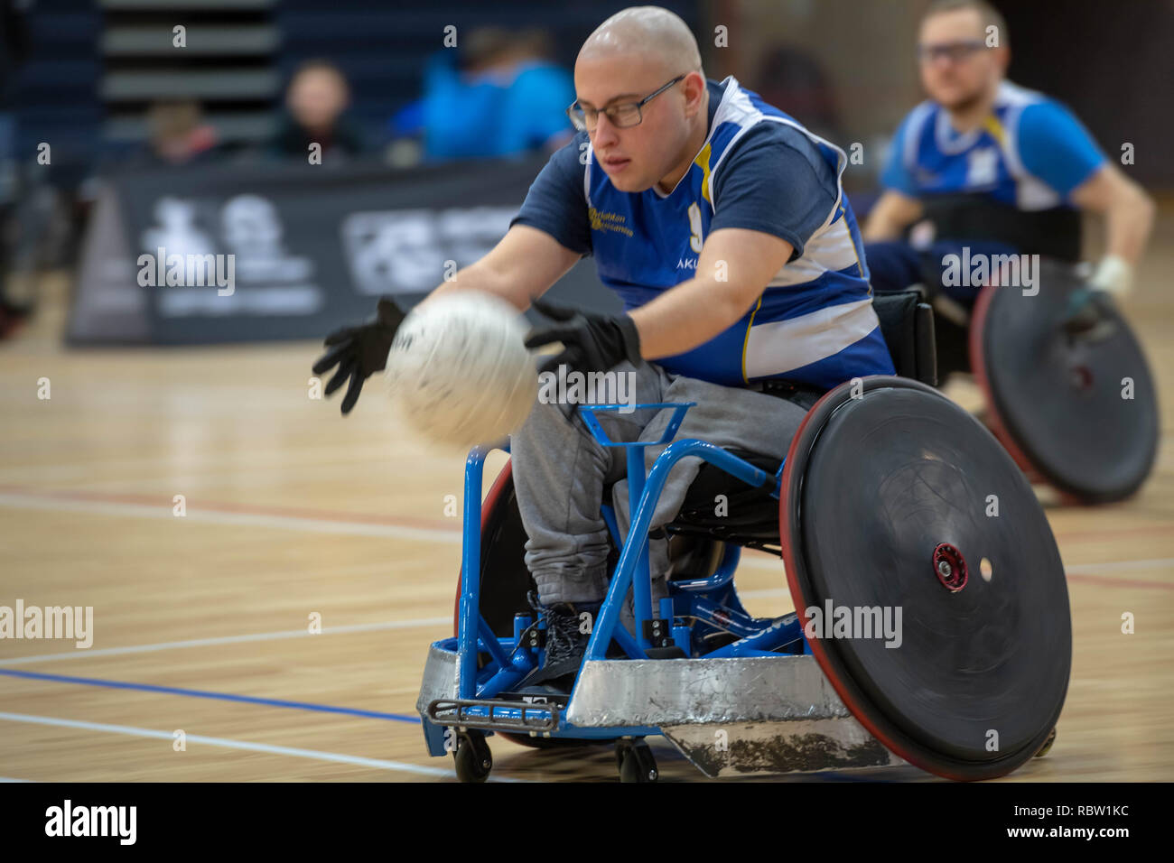 Brentwood, Essex, 12 janvier 2019 Grande-Bretagne Division de Rugby en fauteuil roulant de la concurrence trois marteaux Solent (rouge) vs Brighton Buccaneers (bleu) Ian Davidson/Alamy Live News Banque D'Images