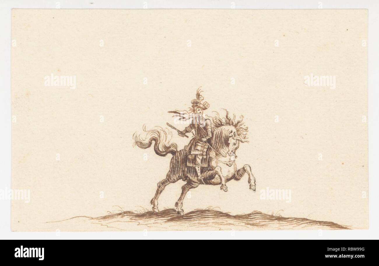 380397 Artiste : attribuée à Hans Caspar N ?scheler, Swiss, Zurich 1615 ?1652 Zurich, Artiste : Après Jacques Callot, Français, Nancy 1592 ?1635 Nancy, un cavalier, 1615 ?52, plume et encre brune, feuille : 2 5/8 x 4 1/4 in. (6,7 x 10,8 cm). Banque D'Images
