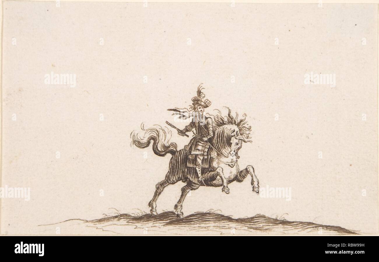 380397 Artiste : attribuée à Hans Caspar N ?scheler, Swiss, Zurich 1615 ?1652 Zurich, Artiste : Après Jacques Callot, Français, Nancy 1592 ?1635 Nancy, un cavalier, 1615 ?52, plume et encre brune, feuille : 2 5/8 x 4 1/4 in. (6,7 x 10,8 cm). Banque D'Images