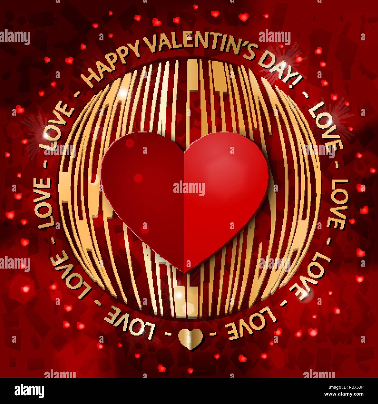 Valentin's Day Greeting card en rouge et or. Décorée avec du papier carte riche cœur rouge, texte d'or et de sunlights. Vector illustration. Illustration de Vecteur