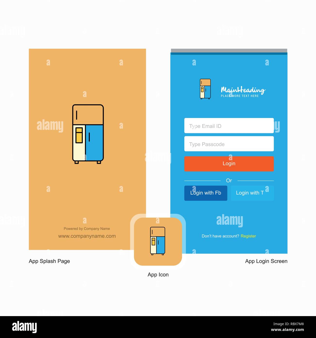 Écran de démarrage et d'un réfrigérateur d'entreprise Login Page design avec logo modèle. Modèle d'affaires en ligne mobile Illustration de Vecteur