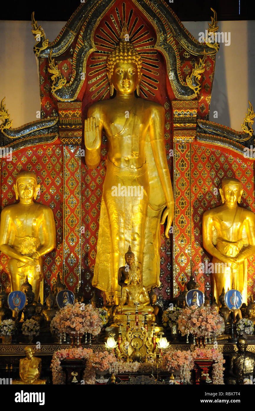 Statues du Bouddha à Viharn Luang dans les jardins de Wat Chedi Luang, Chiang Mai, Thaïlande Banque D'Images