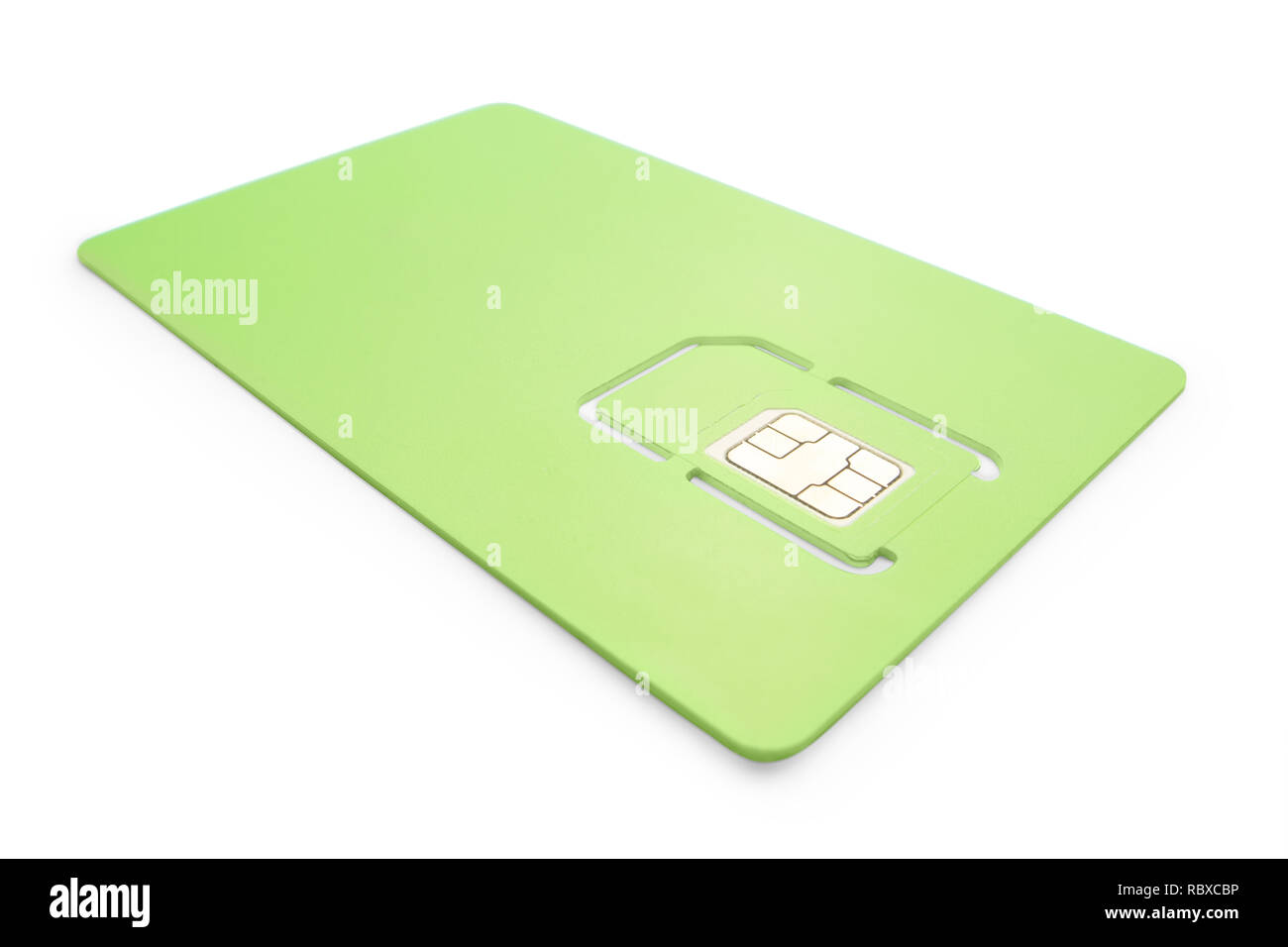 Nouvelle carte sim de téléphone portable vert isolé sur fond blanc. Angle view, selective focus, chemin de détourage inclus Banque D'Images