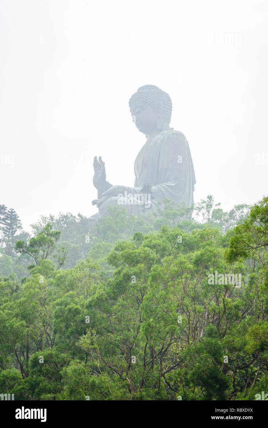 Tian Tan Buddha couverte de brume au-dessus de la ligne des arbres, Ngong Ping, Lantau Island, Hong Kong Banque D'Images