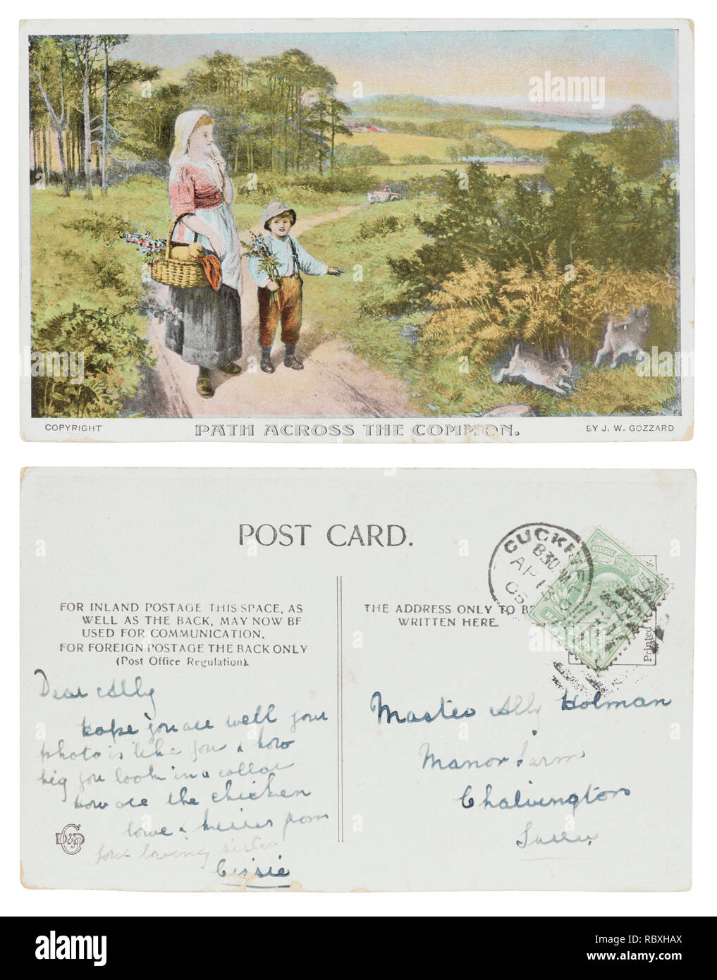Traverse la carte postale envoyée de Cissie dans Cuckfield en avril 1908 à son plus petit frère Ally Homan, Manor Farm, Chalvington, Sussex Banque D'Images
