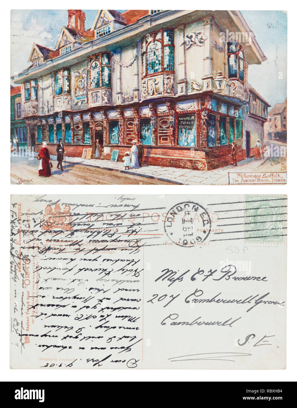 Carte postale de la maison ancienne, l'Ipswich envoyé à Mlle C Browne, 207 Camberwell Grove, Camberwell, Londres en mars 1908 Banque D'Images