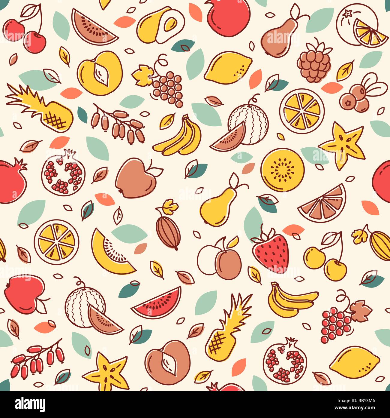 Modèle sans couture de divers fruits de vecteur. Arrière-plan avec des illustrations en couleur de nombreux fruits. Illustration de Vecteur