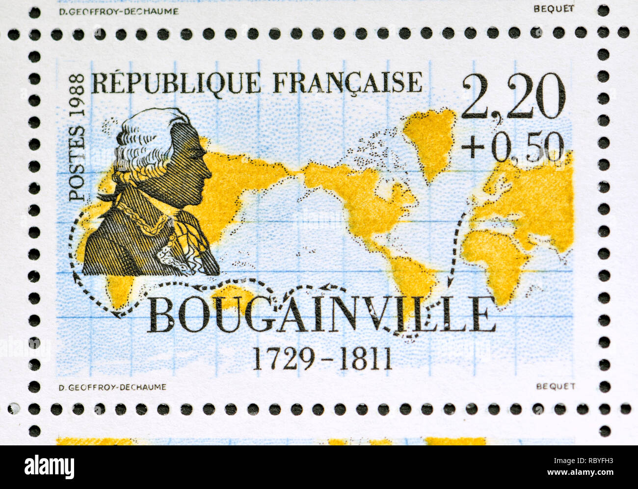 Timbre-poste français (1988) : Les navigateurs et explorateurs série - Louis-Antoine, Comte de Bougainville (1729 - 1811), amiral français et explorer. Banque D'Images