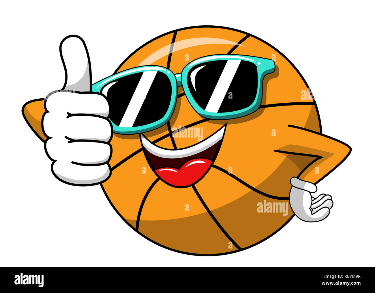 Ballon de basket-ball funny cartoon character cool lunettes thumb up comme isolated on white Banque D'Images