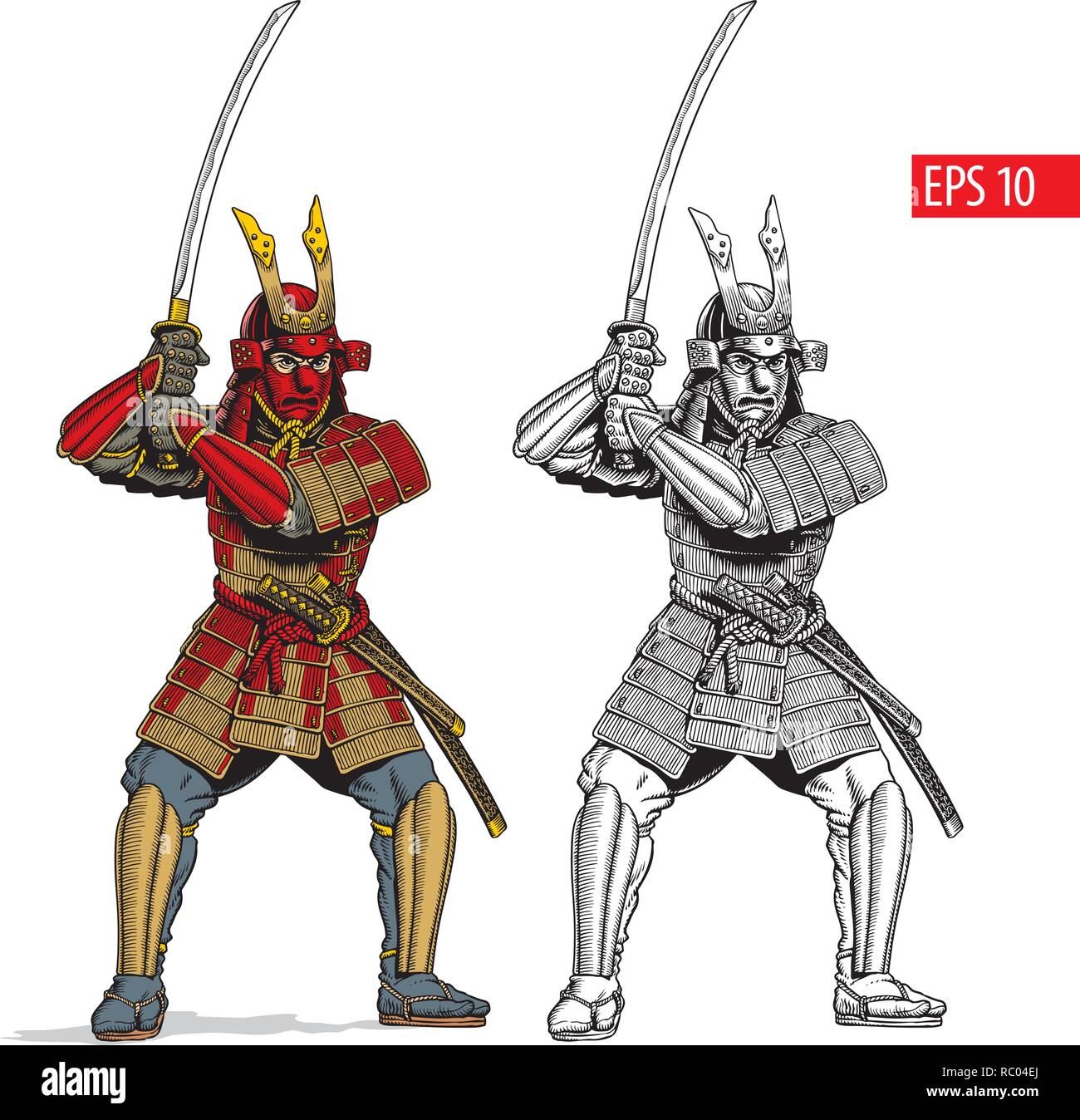Samouraï en Armure ancienne, guerrier japonais avec katana sword. Vector illustration. Illustration de Vecteur