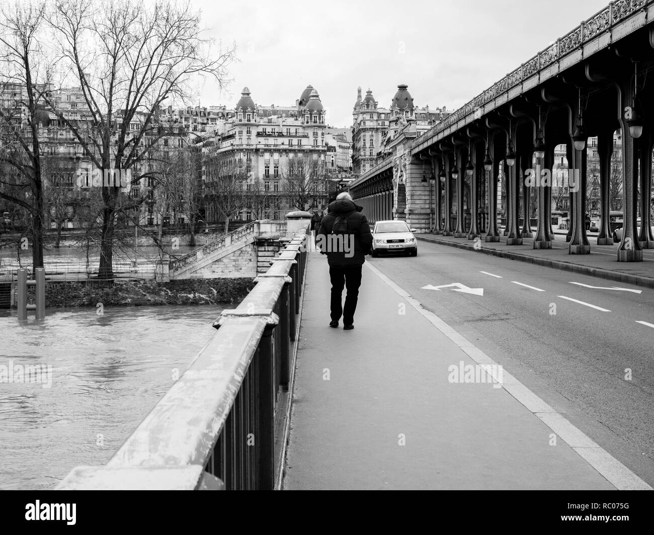 PARIS, FRANCE - Jan 30, 2018 : l'homme marche sur le Pont de Bir-Hakeim pont regarder la Seine enflé après des jours de forte pluie Banque D'Images