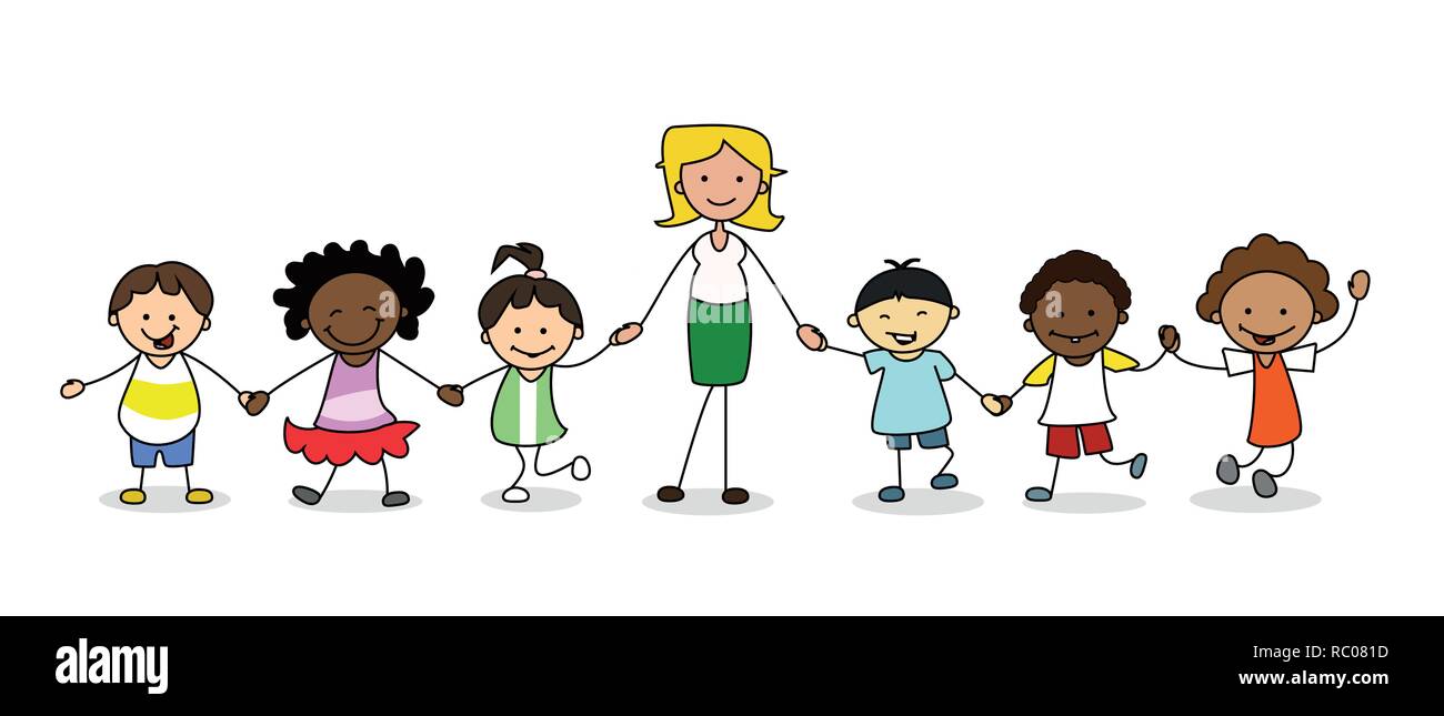 Les enfants en maternelle, groupe d'enfants avec female teacher holding hands Banque D'Images
