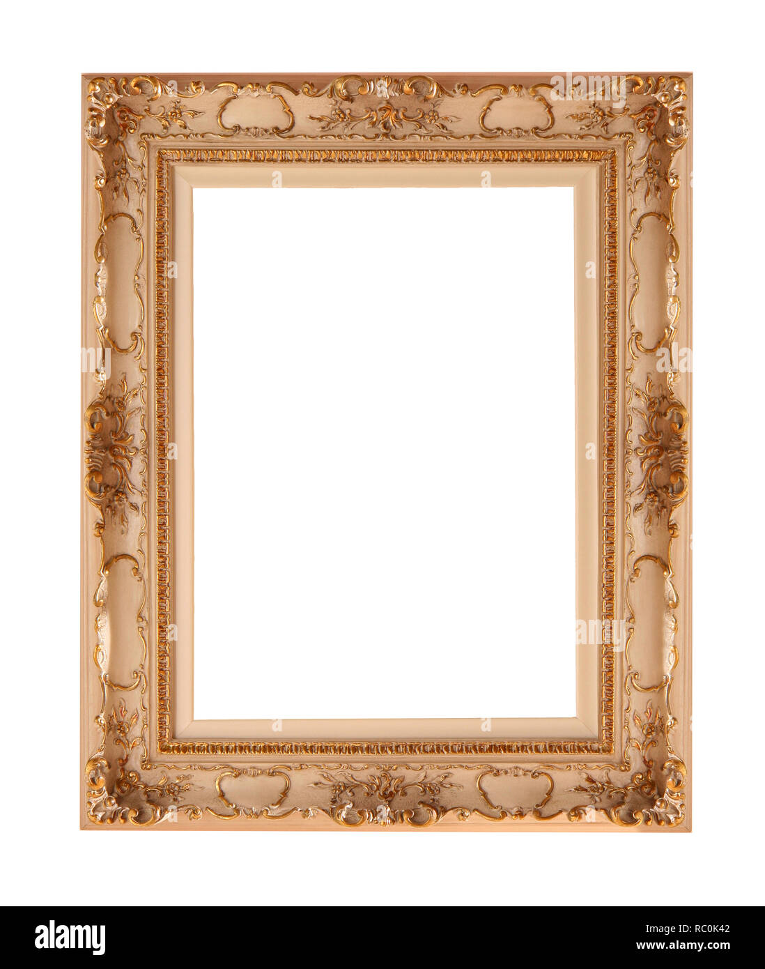 Cadre photo doré sur fond blanc. Objet de style baroque vintage. Banque D'Images