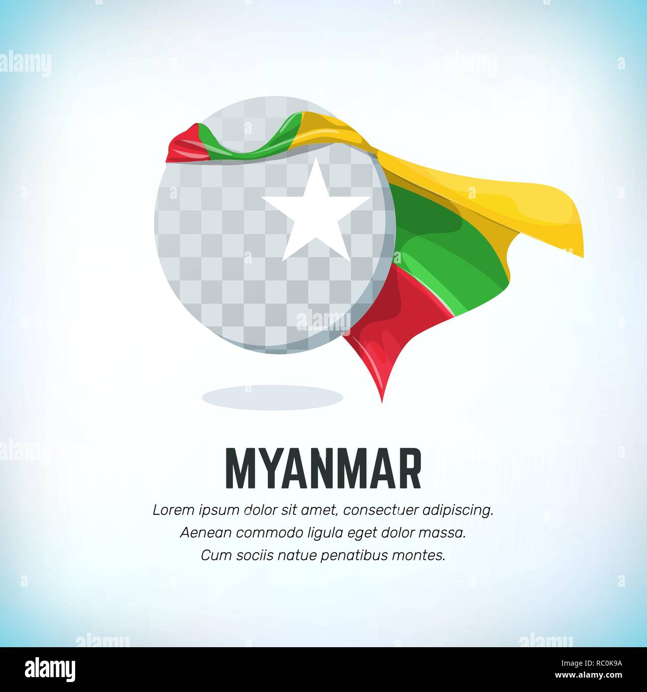 Drapeau du Myanmar. Modèle de vol ronde avec manteau couleur nationale. Peut être utilisé avec le logo ou mascotte. Utiliser pour le sport ou symbole politique. Le Jour du drapeau. Independe Illustration de Vecteur