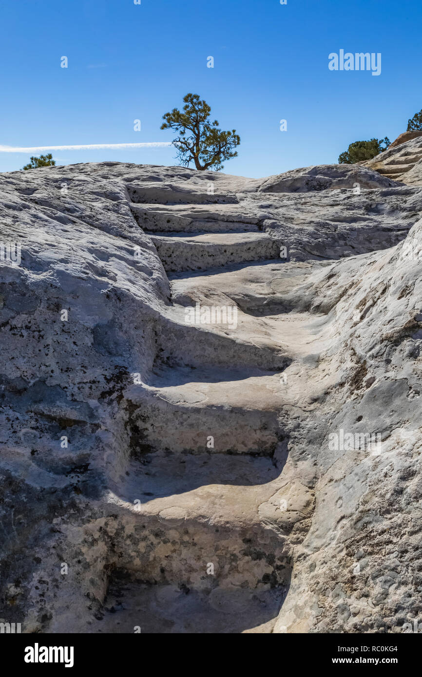 Au cours de la Grande Dépression, les hommes de la Civil works Administration taillé ces étapes dans le grès Zuni le long de la piste en haut Mesa El Morro Nat Banque D'Images