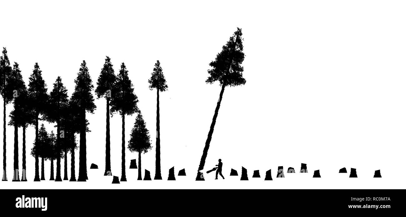 La coupe des forêts, l'utilisation ou l'abus de ressources naturelles est le thème de cette illustration. La silhouette des arbres, l'un d'être coupés sont représentés à côté de Banque D'Images