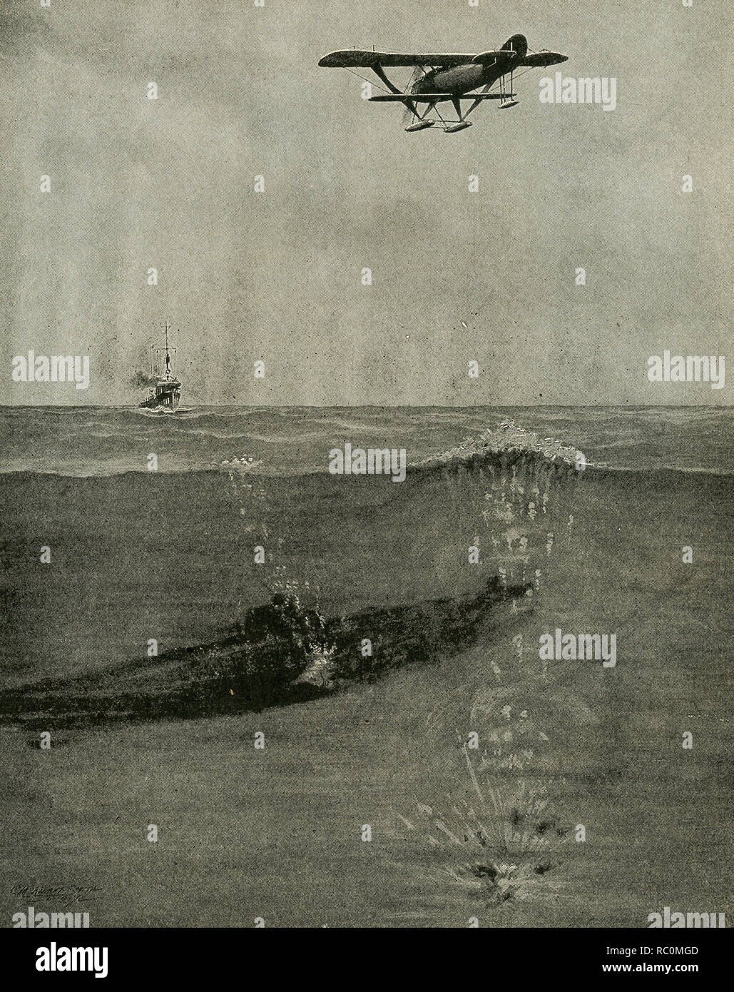 La légende de cette image qui date de 1922 se lit comme suit : "Une bombe de profondeur n'aura pas vraiment besoin d'atteindre un sous-marin pour la détruire." Banque D'Images
