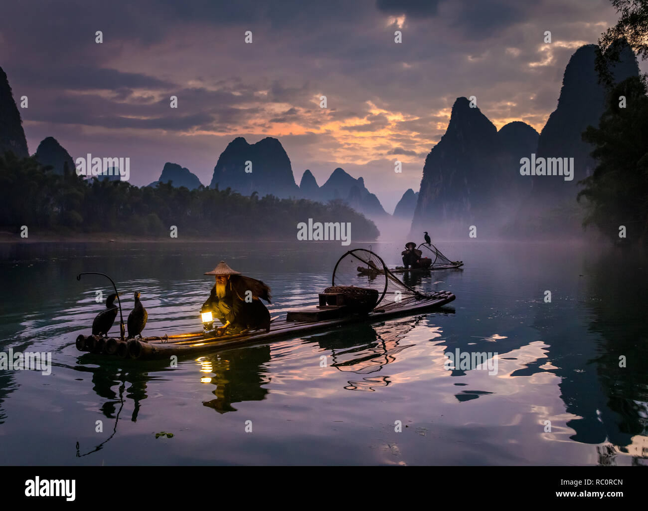 Le Cormorant fisherman et ses oiseaux sur la rivière Li à Yangshuo, Guangxi, Chine Banque D'Images