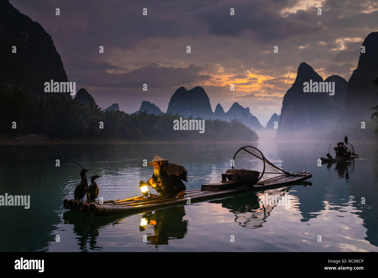 Le Cormorant fisherman et ses oiseaux sur la rivière Li à Yangshuo, Guangxi, Chine Banque D'Images