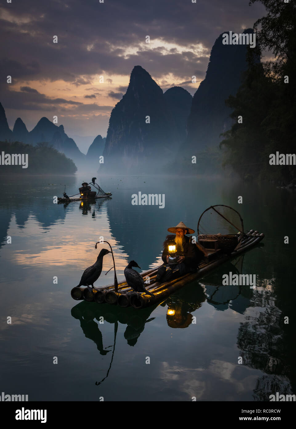 Le Cormorant fisherman et ses oiseaux sur la rivière Li à Yangshuo, Guangxi, Chine Banque D'Images