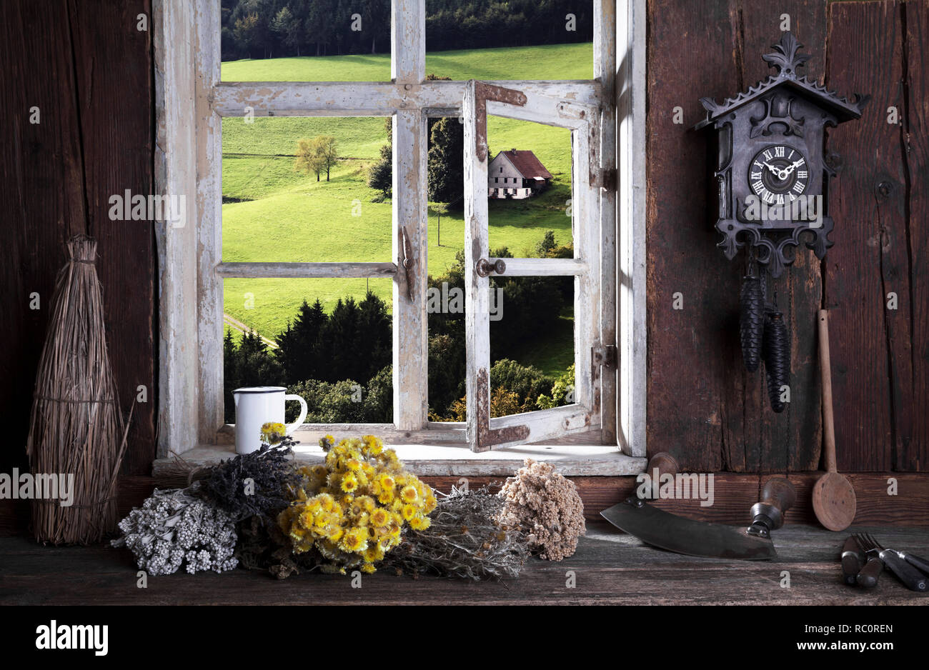 Bauernstube, Blick durch das Fenster Banque D'Images