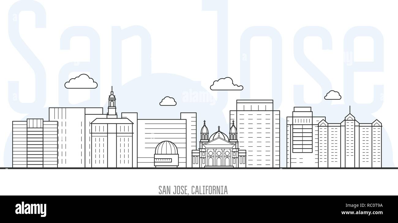 San Jose city skyline - paysage urbain et monuments de San Jose, Californie Illustration de Vecteur