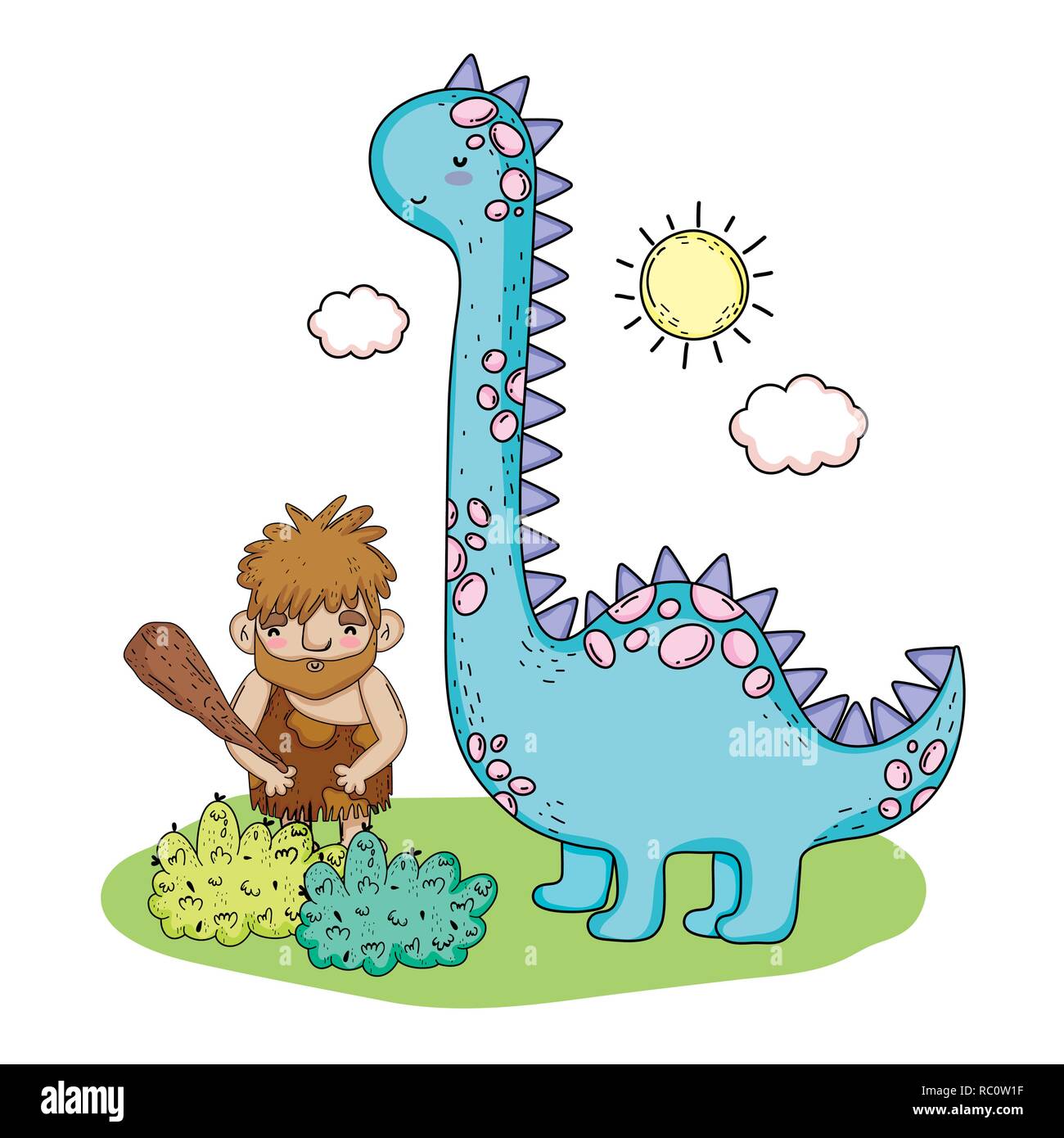 L'homme primitif avec brontosaurus animal préhistorique Illustration de Vecteur