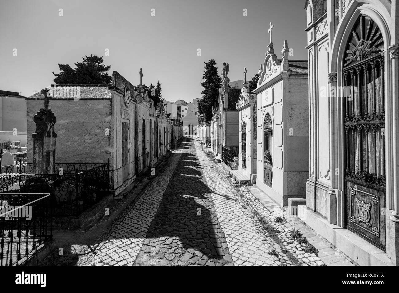 Photo en noir et blanc d'il voie entre les cryptes du cimetière Banque D'Images