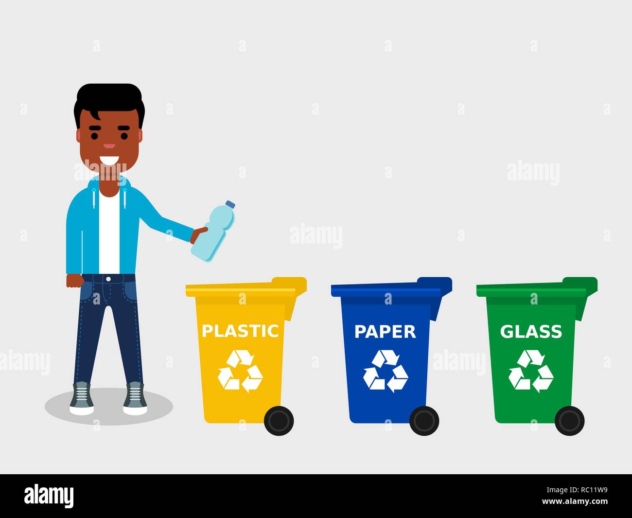 Young African American jeter une bouteille en plastique dans la poubelle  appropriée.Il y a trois poubelles de couleur différente.Recyclage du  plastique,séparer Image Vectorielle Stock - Alamy