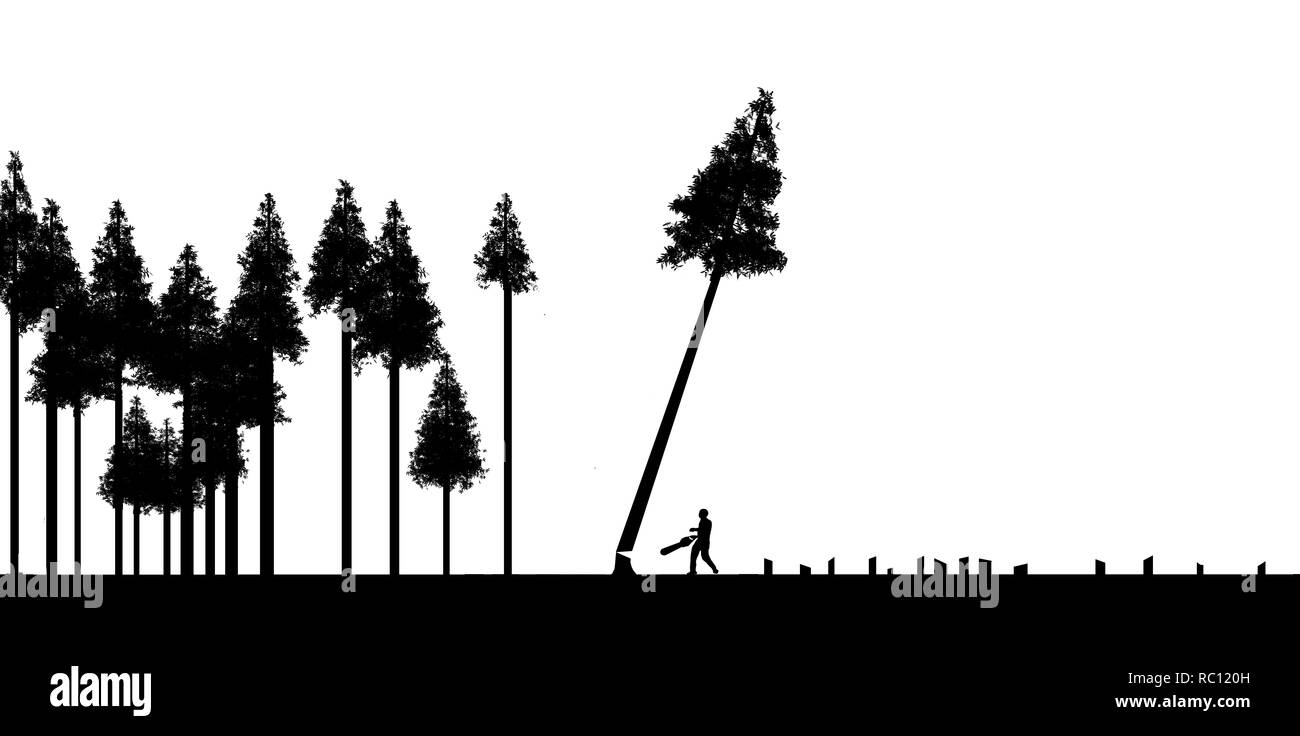La coupe des forêts, l'utilisation ou l'abus de ressources naturelles est le thème de cette illustration. La silhouette des arbres, l'un d'être coupés sont représentés à côté de Banque D'Images