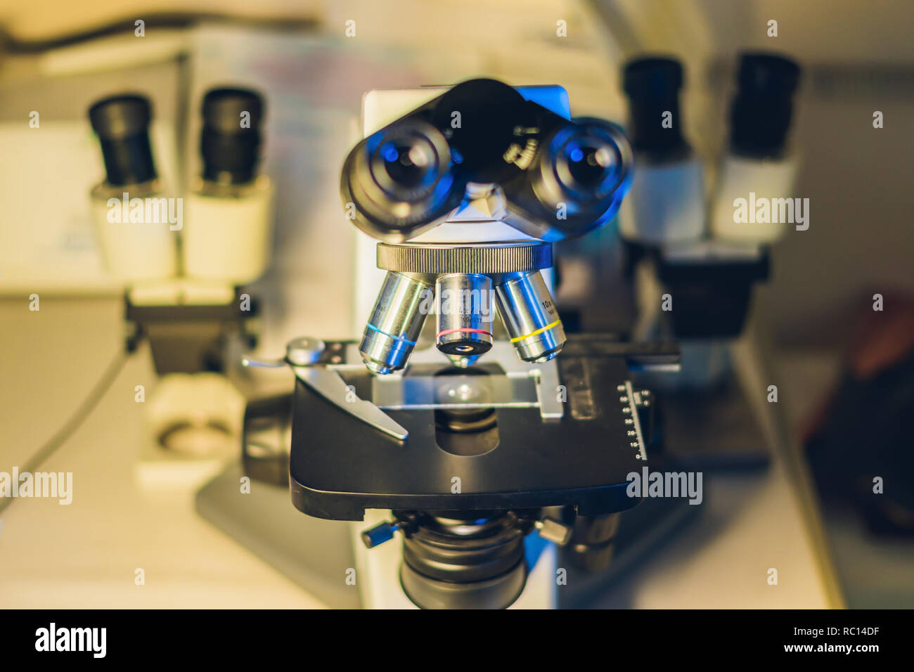 Microscope optique avec quatre différentes lentilles de l'objectif Banque D'Images