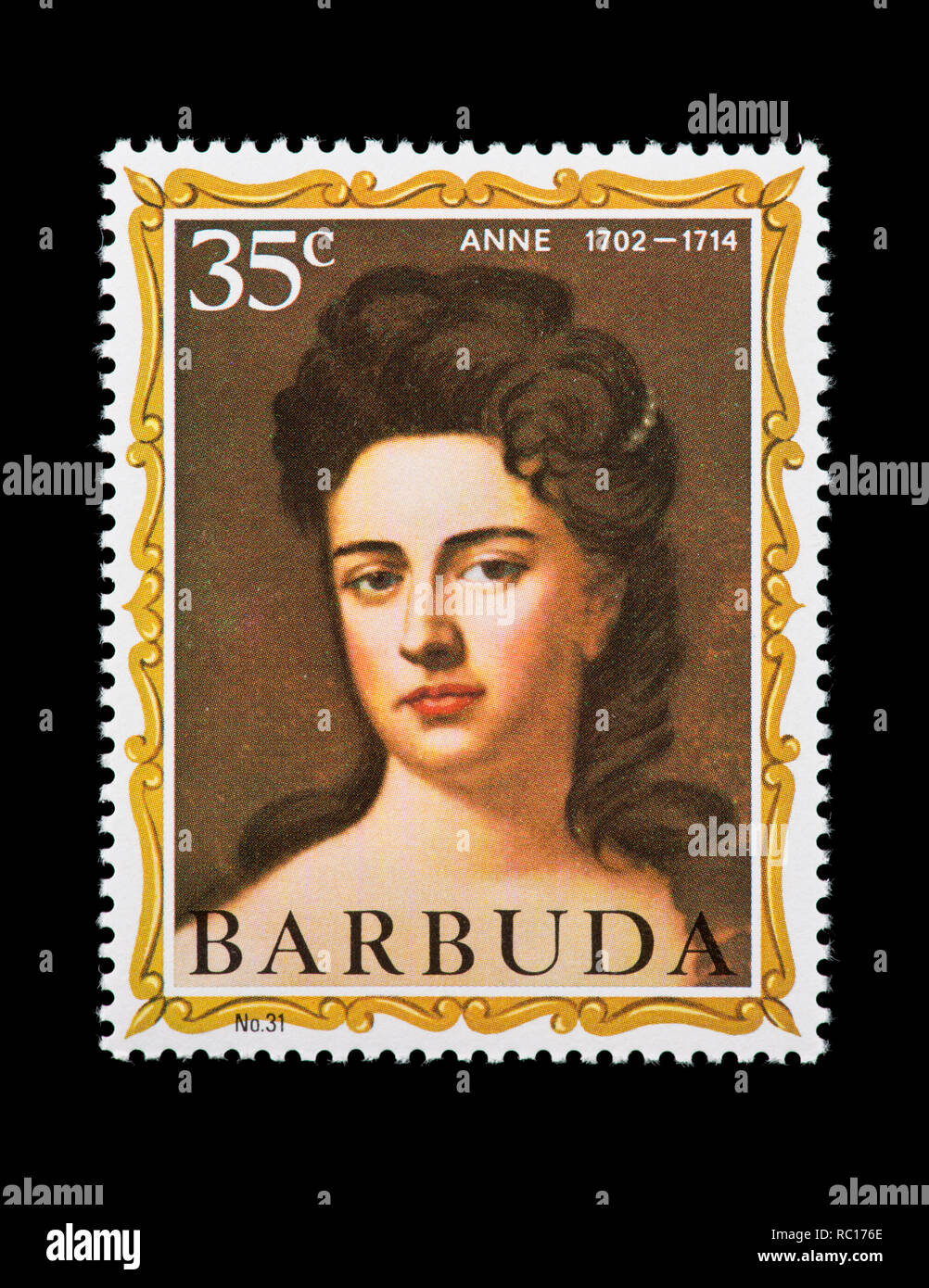 Timbre-poste pour Barbuda représentant Anne, formaer reine de Grande-Bretagne. Banque D'Images