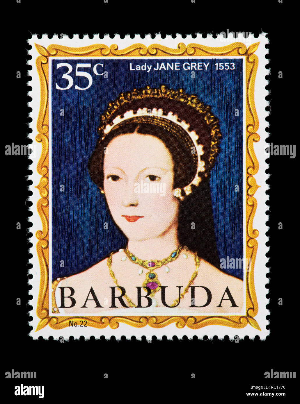 Timbre-poste de Barbuda représentant Lady Jane Grey, ancienne reine de Grande-Bretagne. Banque D'Images