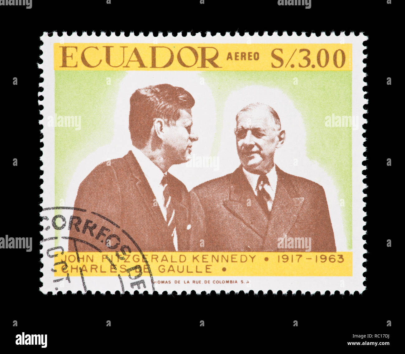 Timbre-poste de l'Équateur représentant John F. Kennedy (50-ième anniversaire de sa naissance et Charles de Gaulle. Banque D'Images