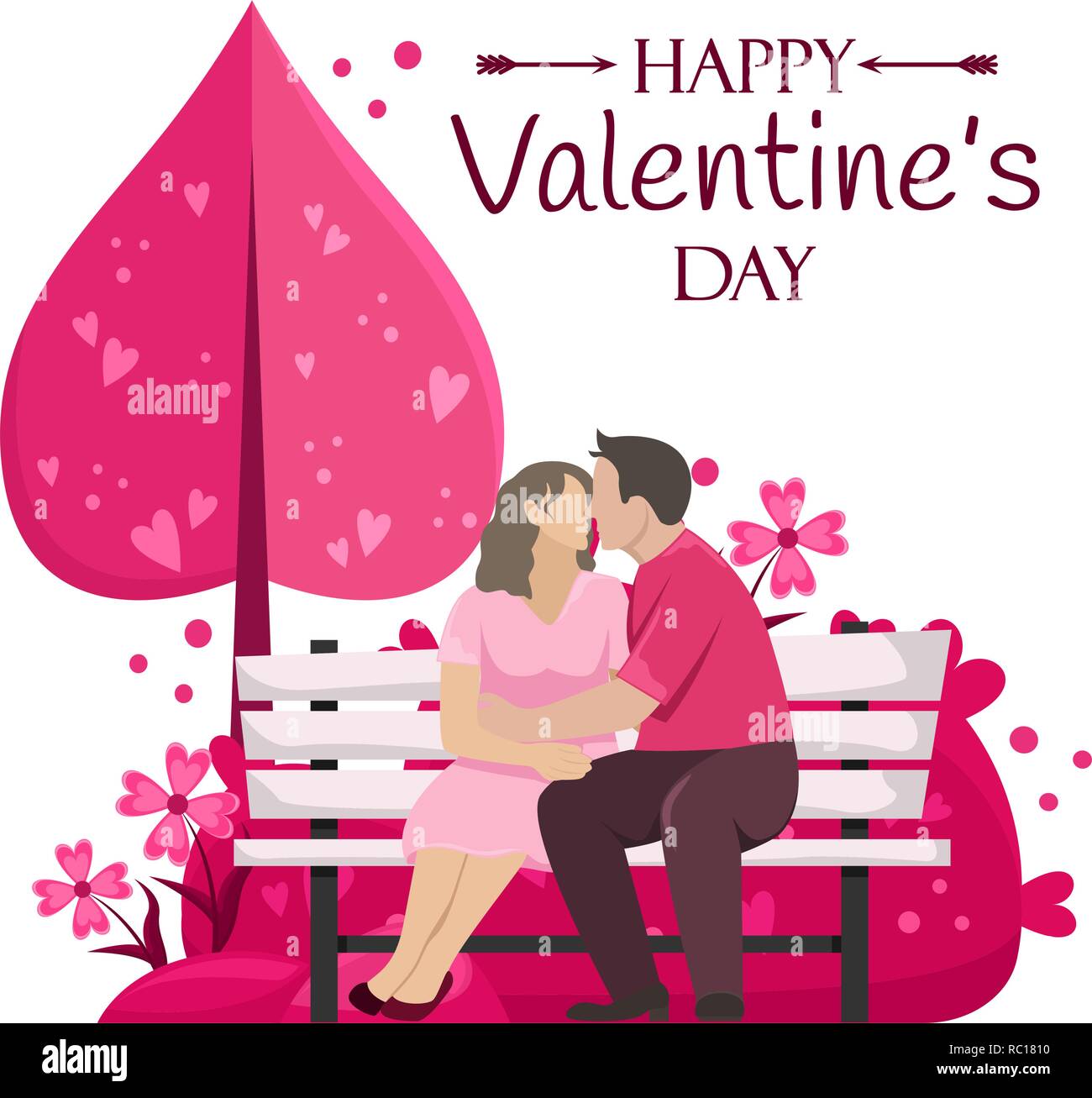 Happy Valentines Day. Couple aimant s'embrasser sur un banc en bois dans le parc. Télévision vector illustration. Illustration de Vecteur
