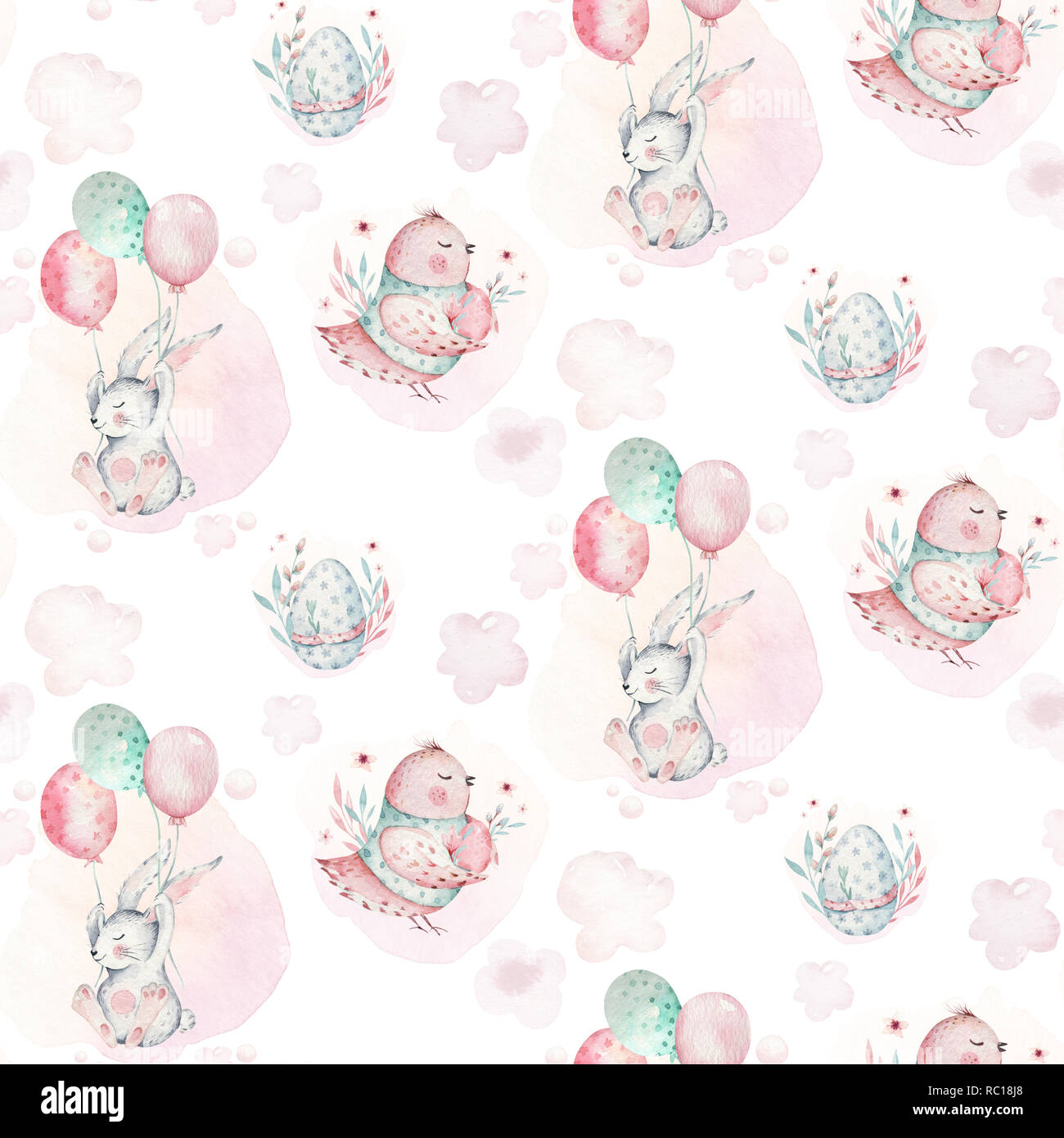 Un printemps aquarelle illustration de l'adorable bébé pâques bunny. Cartoon animal lapin rose transparente avec motif d'oiseaux et de ballon Banque D'Images