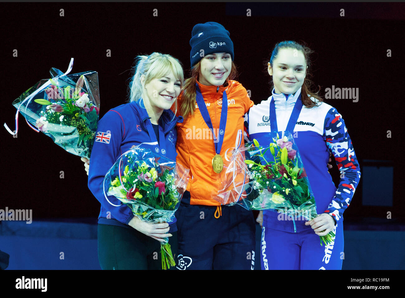 Dordrecht, Pays-Bas. Jan 12, 2019. DORDRECHT, 11-01-2019, Dordrecht Suzanne Schulting, Elise Christie, Sofia Prosvirnova pendant l'ISU Championnats sur piste courte : Crédit Photos Pro/Alamy Live News Banque D'Images