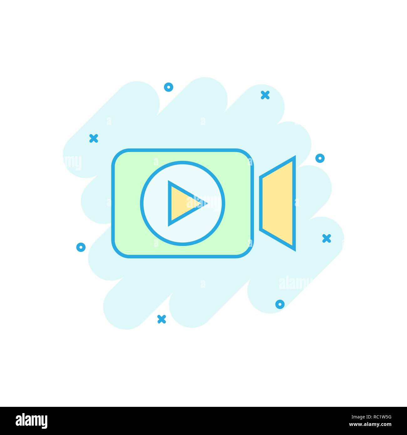 L'icône de caméra vidéo dans le style comique. Vector Cartoon Movie play illustration pictogramme. Streaming vidéo concept d'effet splash. Illustration de Vecteur