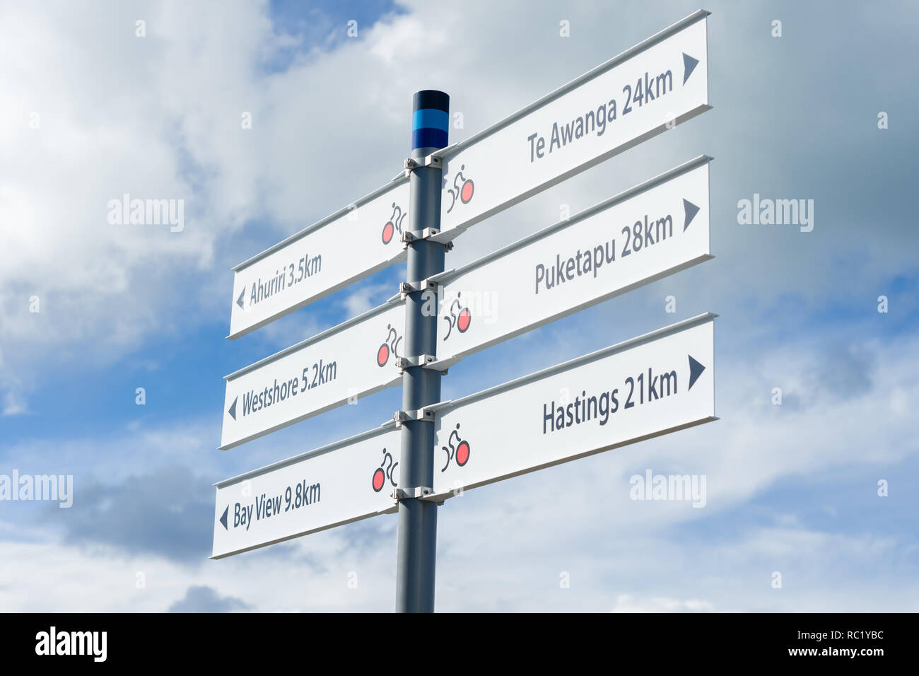 Itinéraire cycliste signe sur promenade à Napier Hawkes Bay, Nouvelle-Zélande partie de la piste cyclable NZ sociale financé par le gouvernement néo-zélandais Banque D'Images