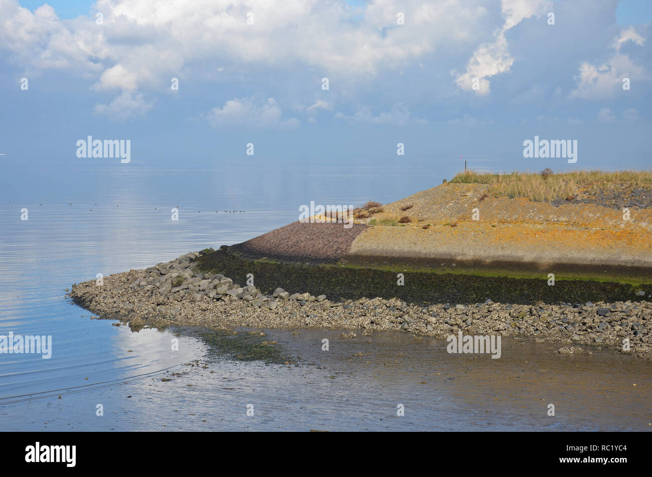 Différentes couches de boue, sable, gravier, roches, baslat, tarmac, de lichen et de l'herbe sur une digue côtière entre estuaire Oosterschelde et l'île de Noord-B Banque D'Images